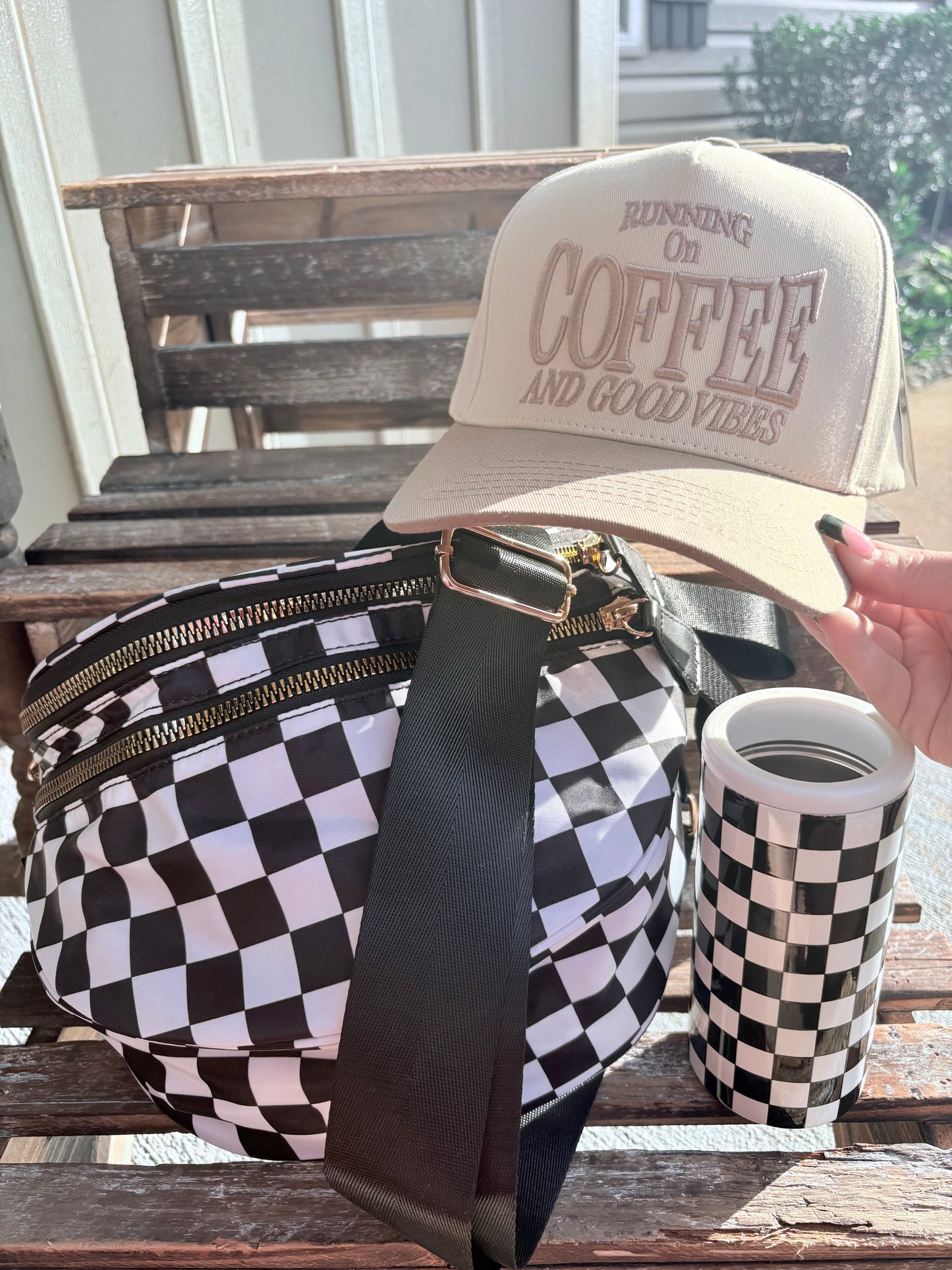“Checker & Solid Crossbody Bag”