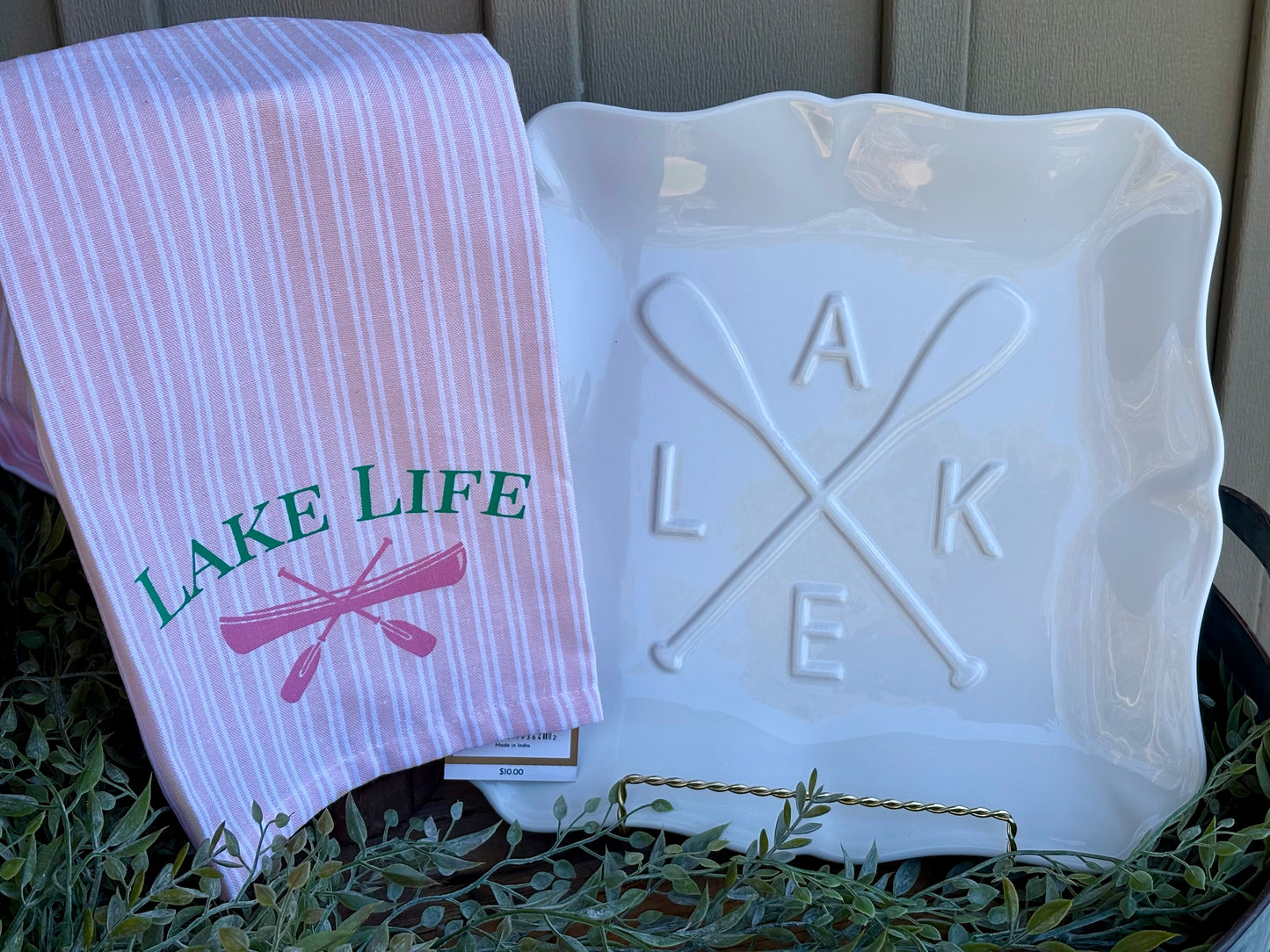“Lake Oar Embossed Square Platter- White 11.5x11.5”