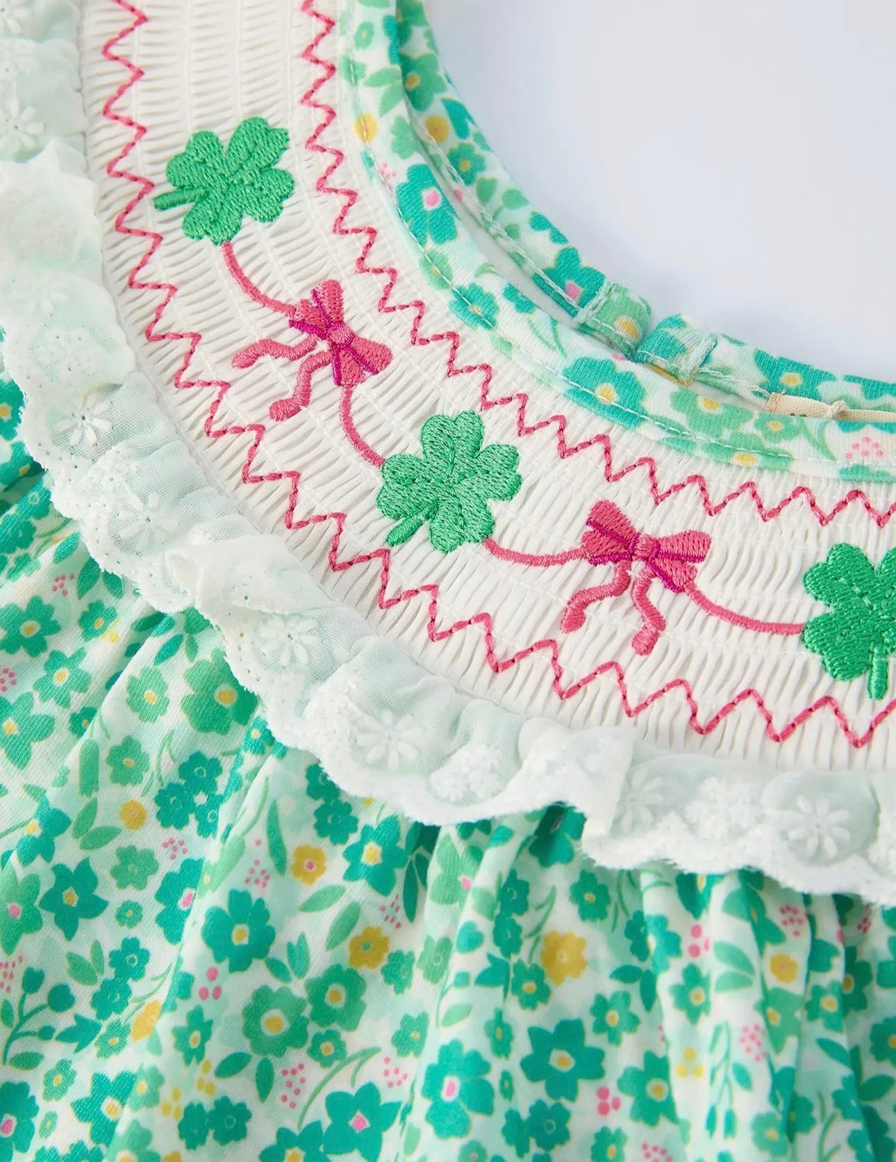 “St Patrick’s Day Shamrock Bow Smocked Dress”