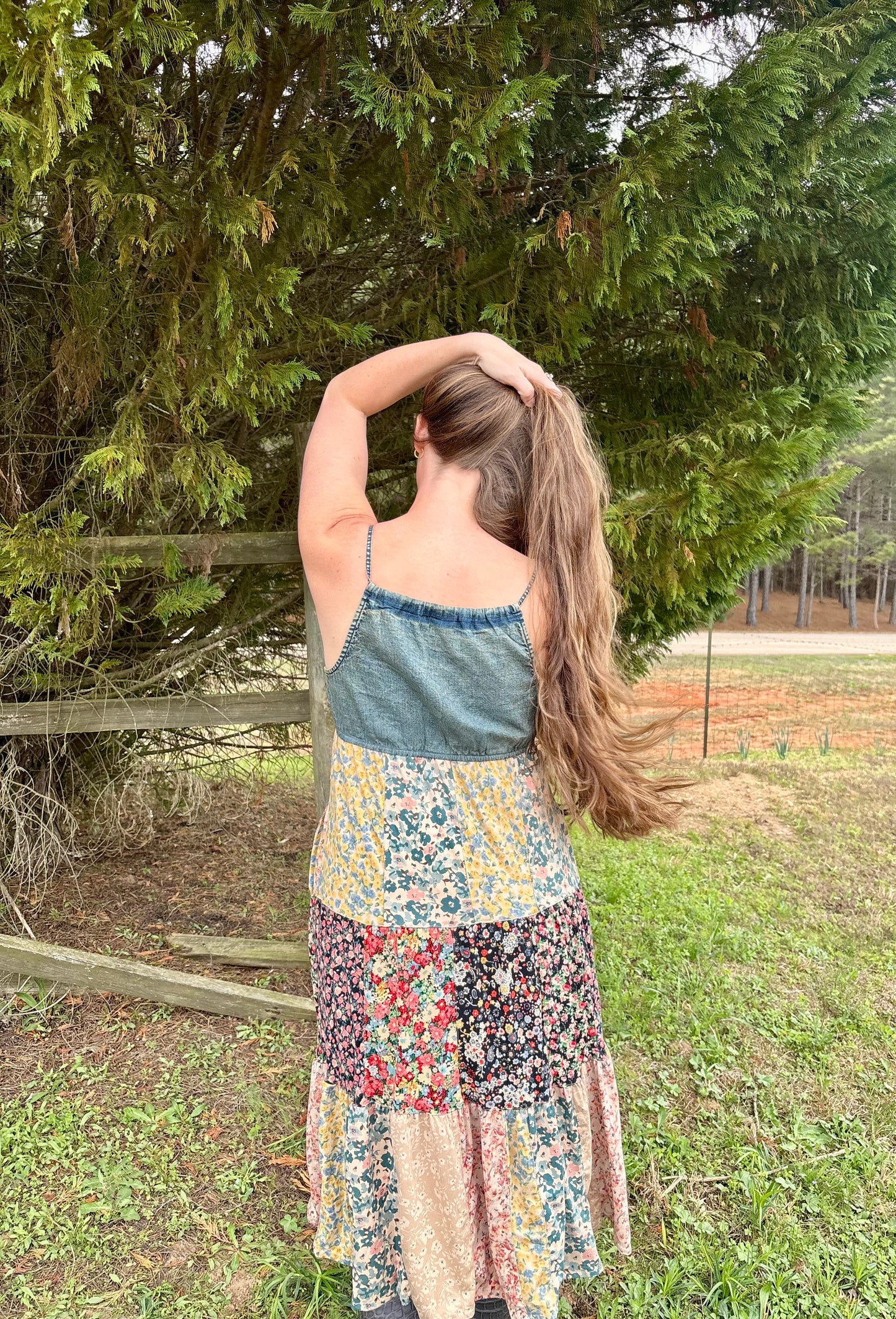 “Bohemian Patchwork Spaghetti Strap
Floral Tiered Maxi Dress”