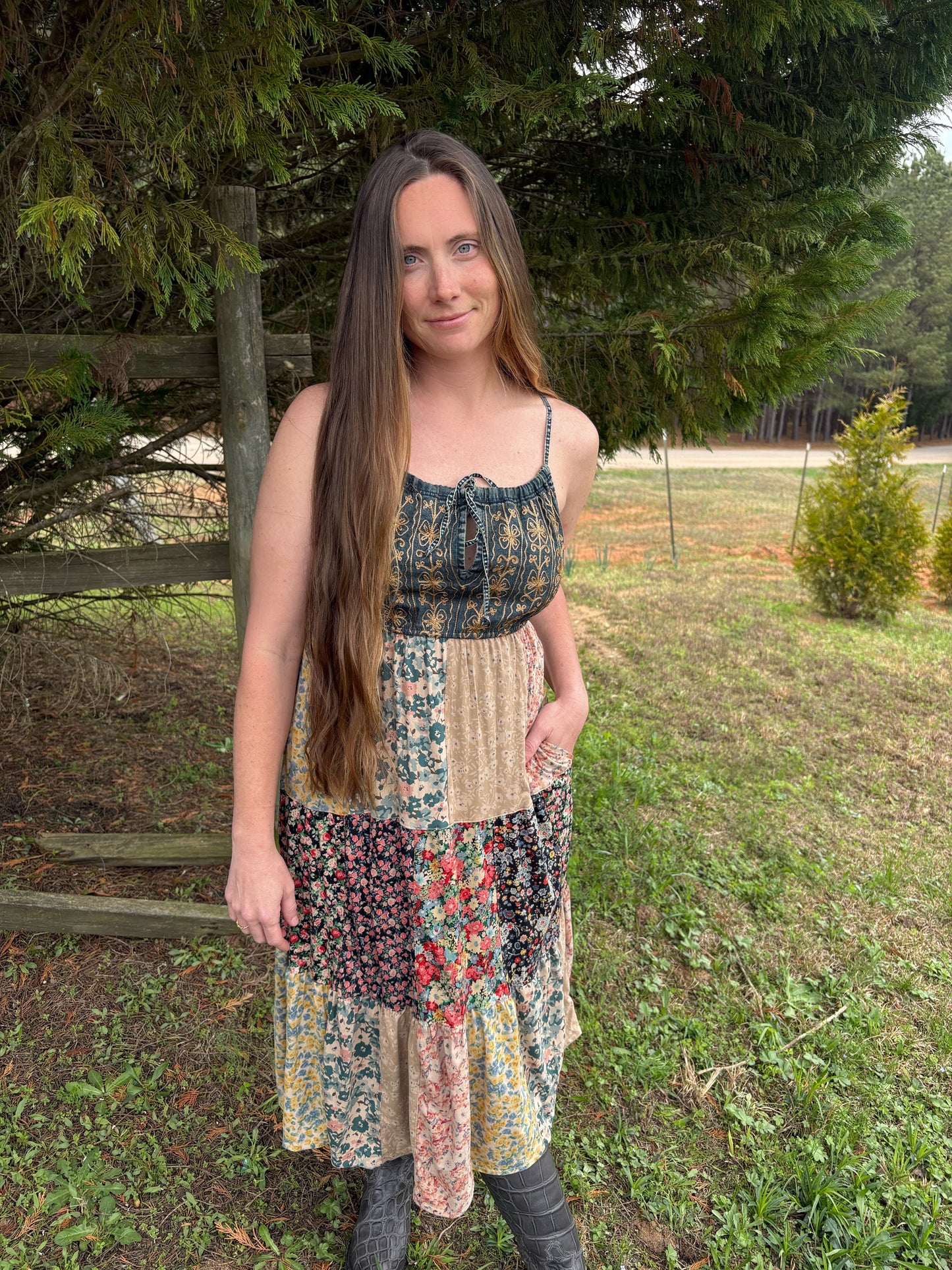 “Bohemian Patchwork Spaghetti Strap
Floral Tiered Maxi Dress”