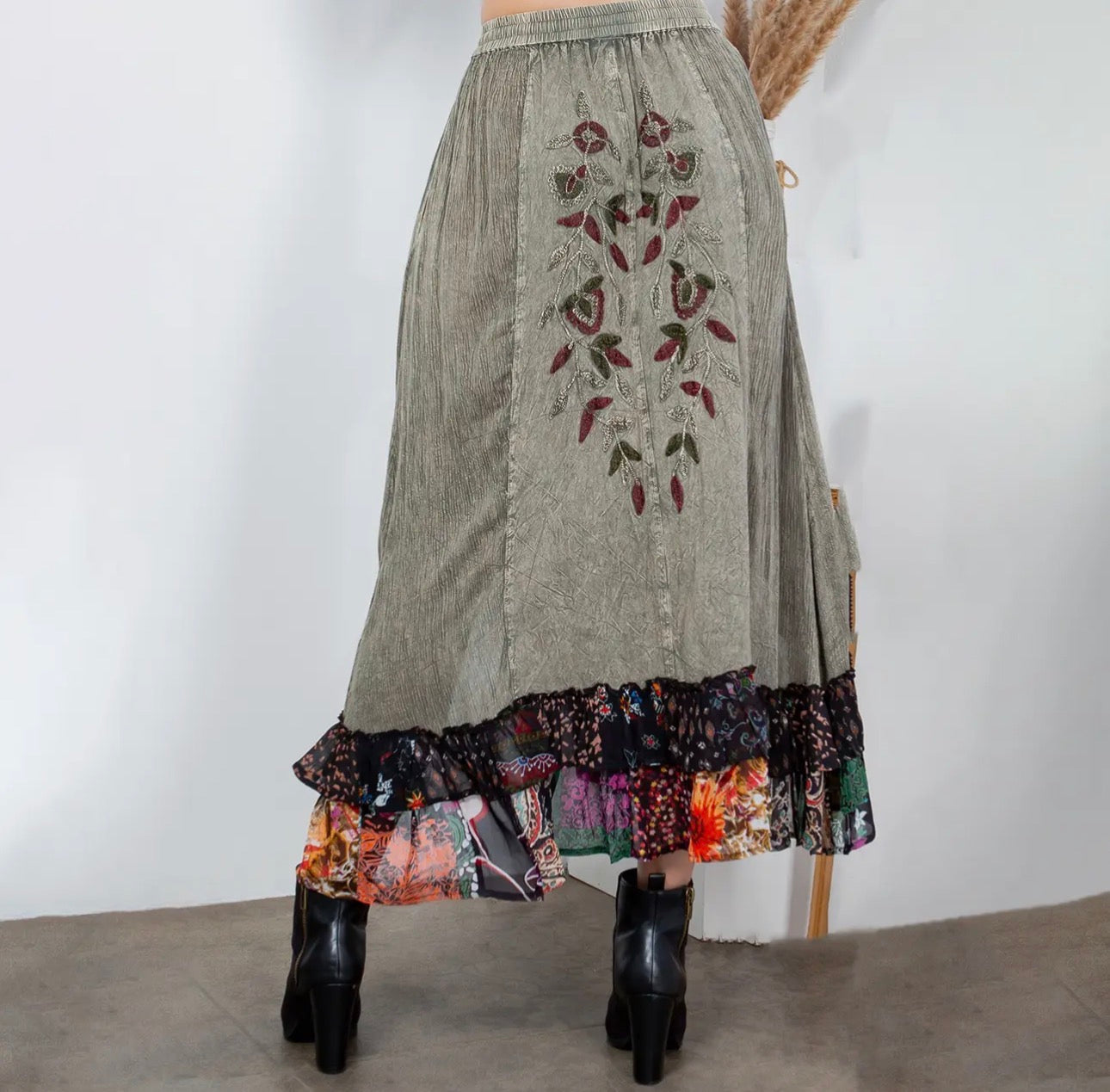 “Rustic Bohemian Embroidered Midi Skirt”