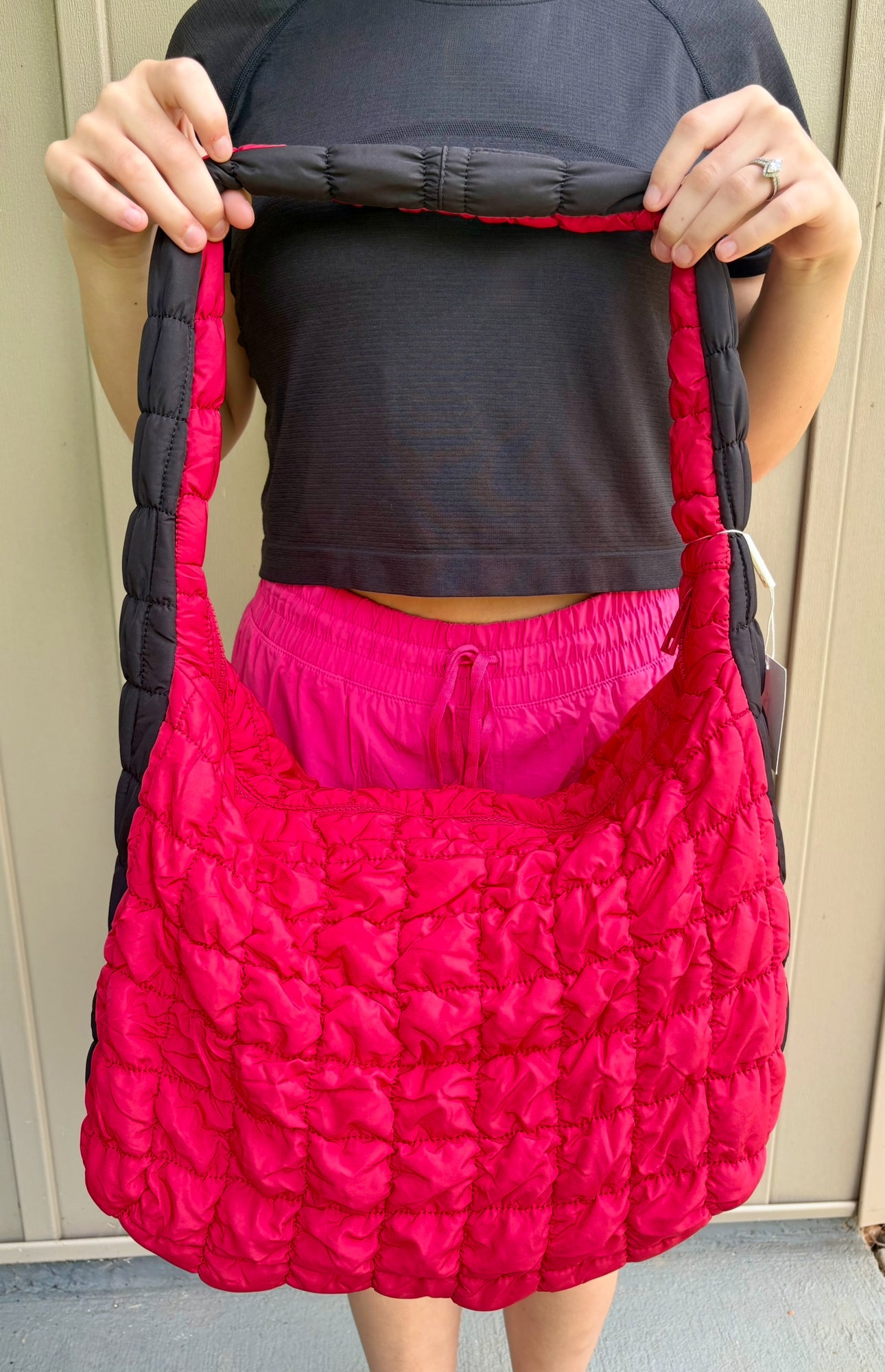 “Large Quilted Red & Black Puffer Bag”