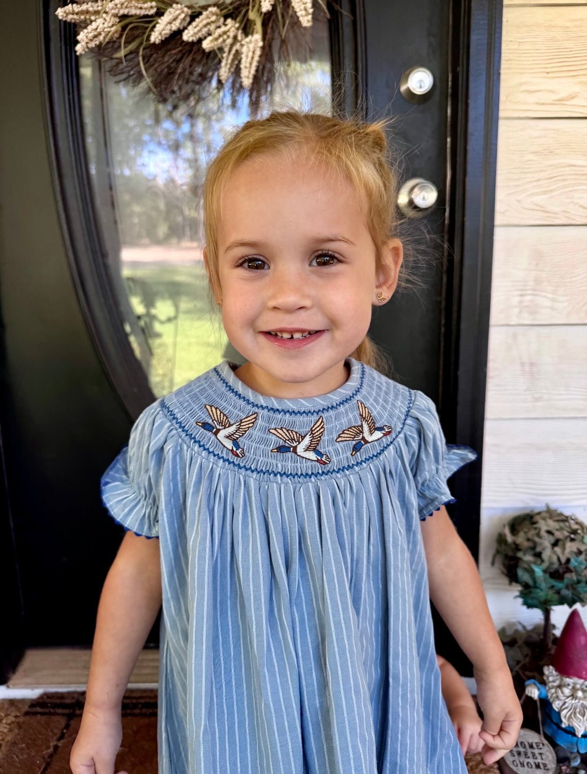 “Blue Pinstripe Mallard Smocked Girls Dress”