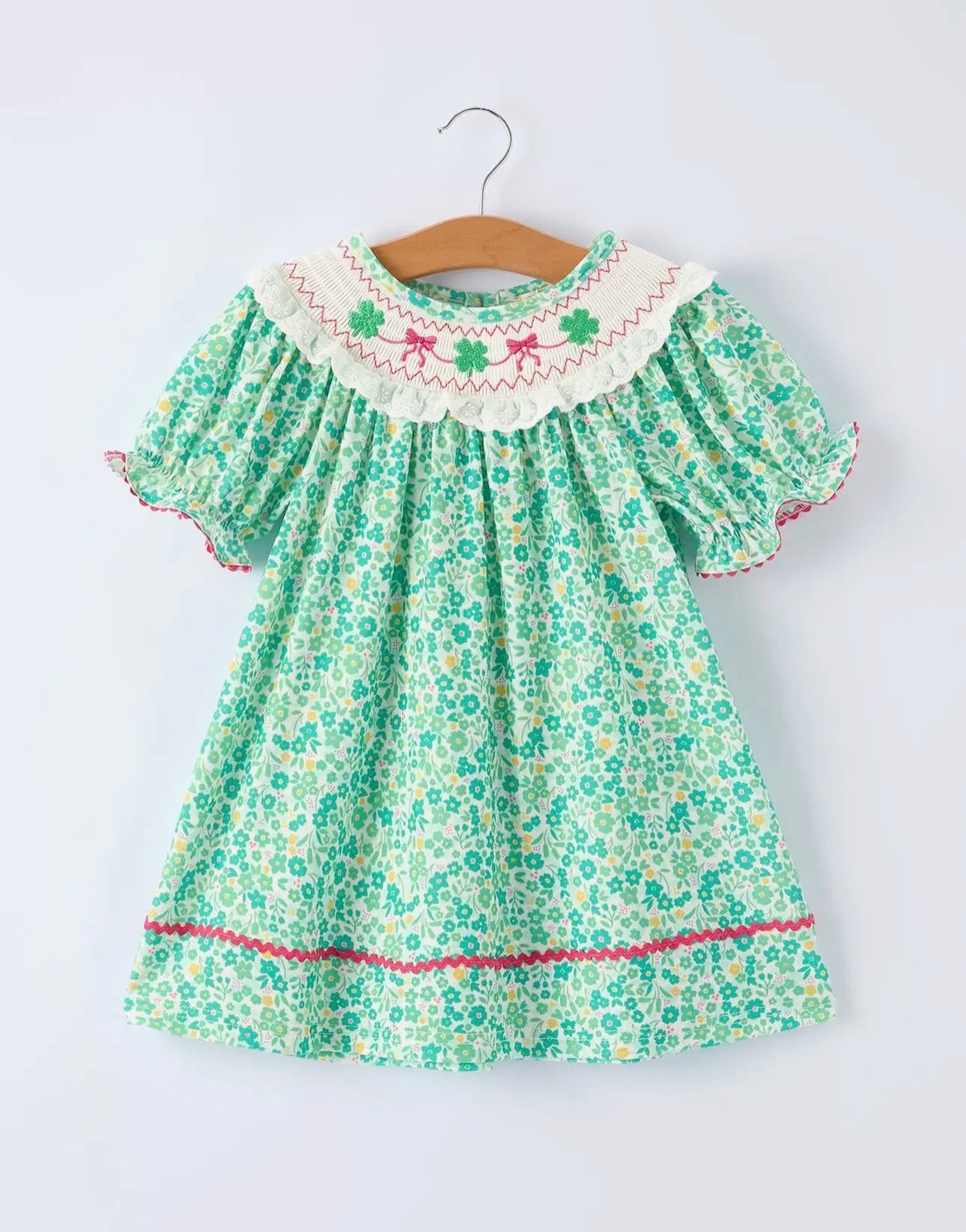 “St Patrick’s Day Shamrock Bow Smocked Dress”