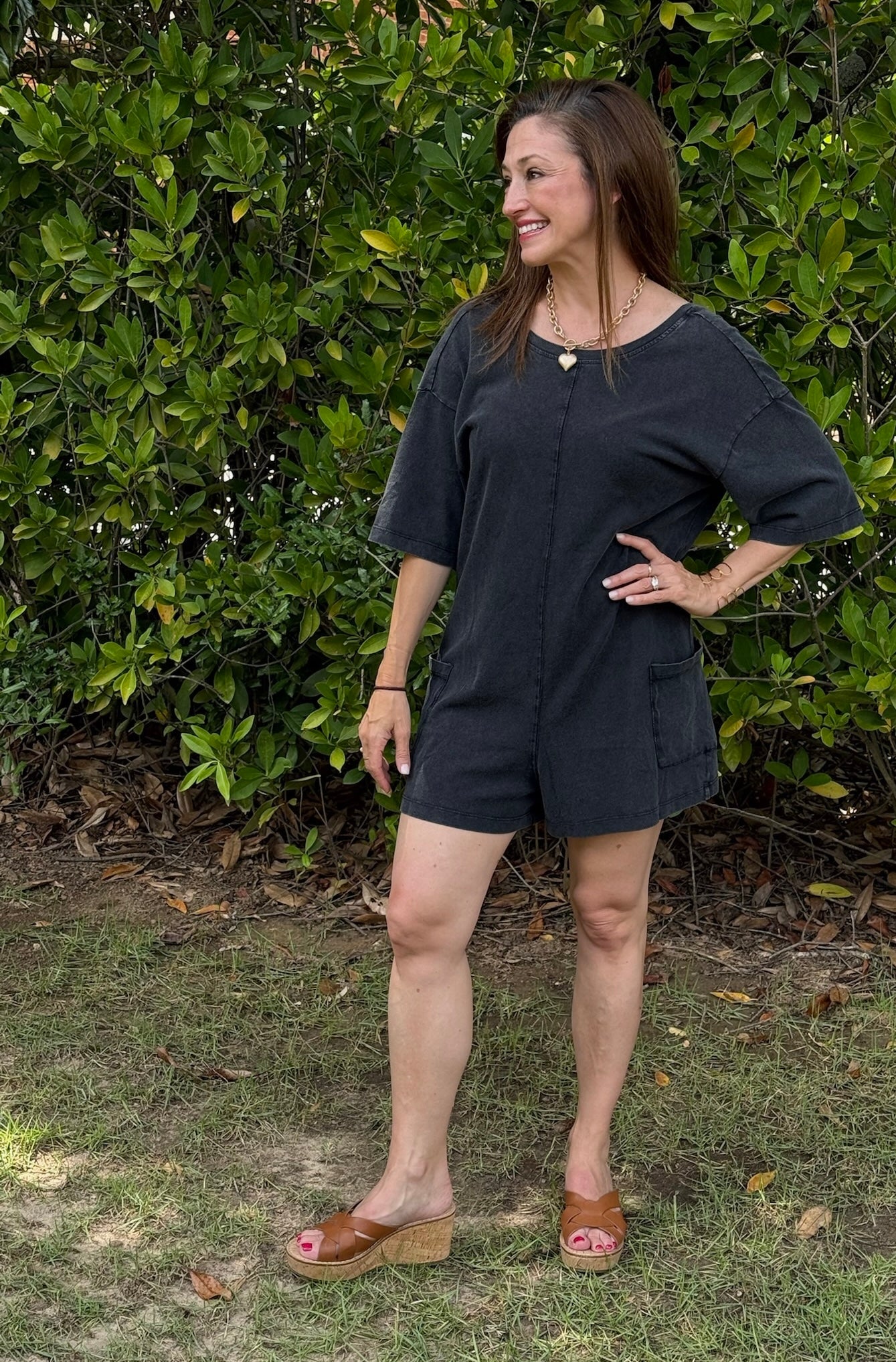 “Mineral Washed V-Back Black Romper”