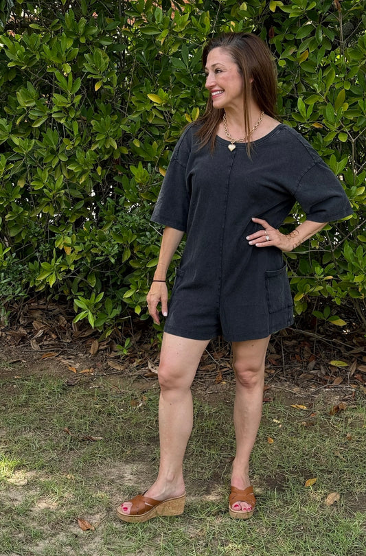 “Mineral Washed V-Back Black Romper”