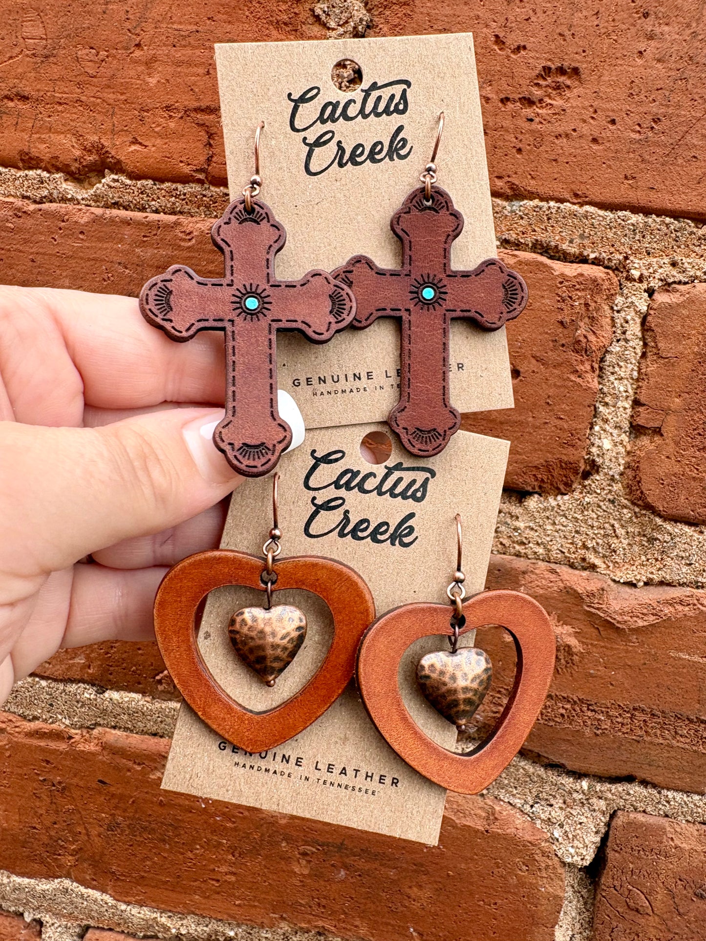 “Handmade Tooled Leather Cross & Heart Earrings”