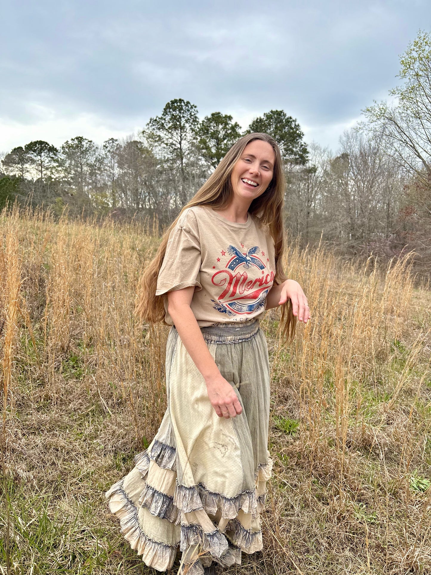 “Rustic Textured Smocked Waist Ruffled Tiered Maxi Skirt”