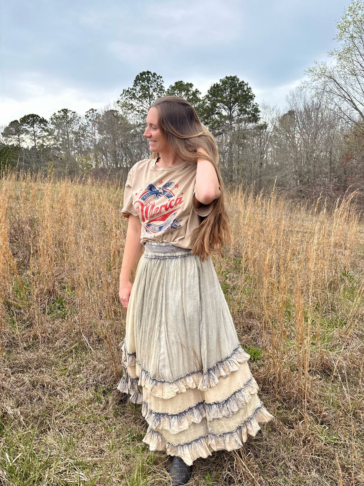 “Rustic Textured Smocked Waist Ruffled Tiered Maxi Skirt”