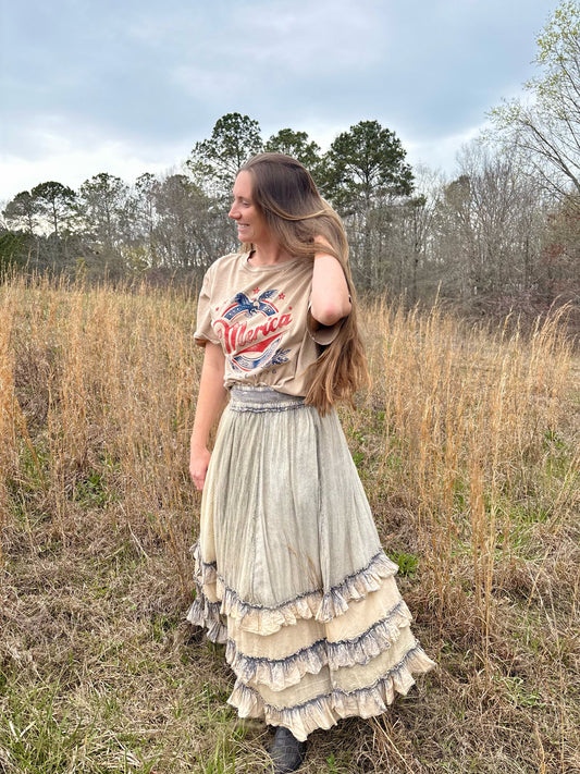 “Rustic Textured Smocked Waist Ruffled Tiered Maxi Skirt”