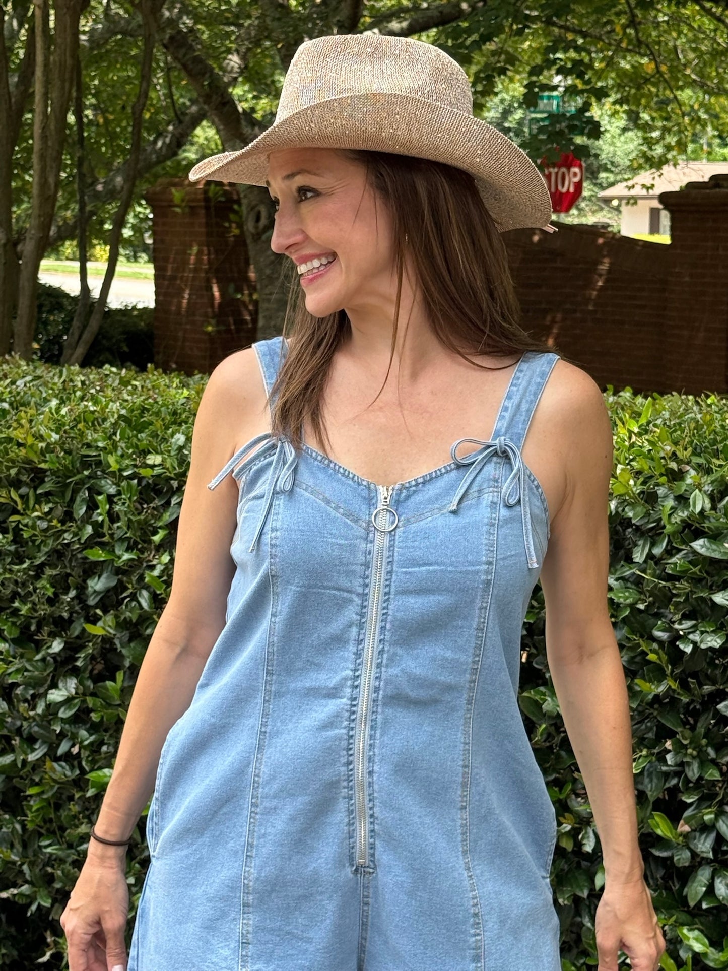“Denim Zip Front Tie Strap Romper”