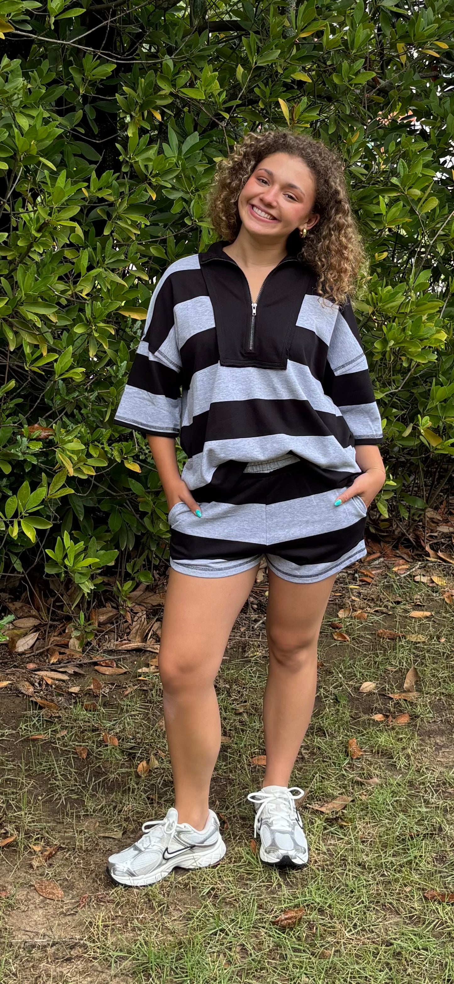 “Quarter Zip Black & Grey Shorts Set”