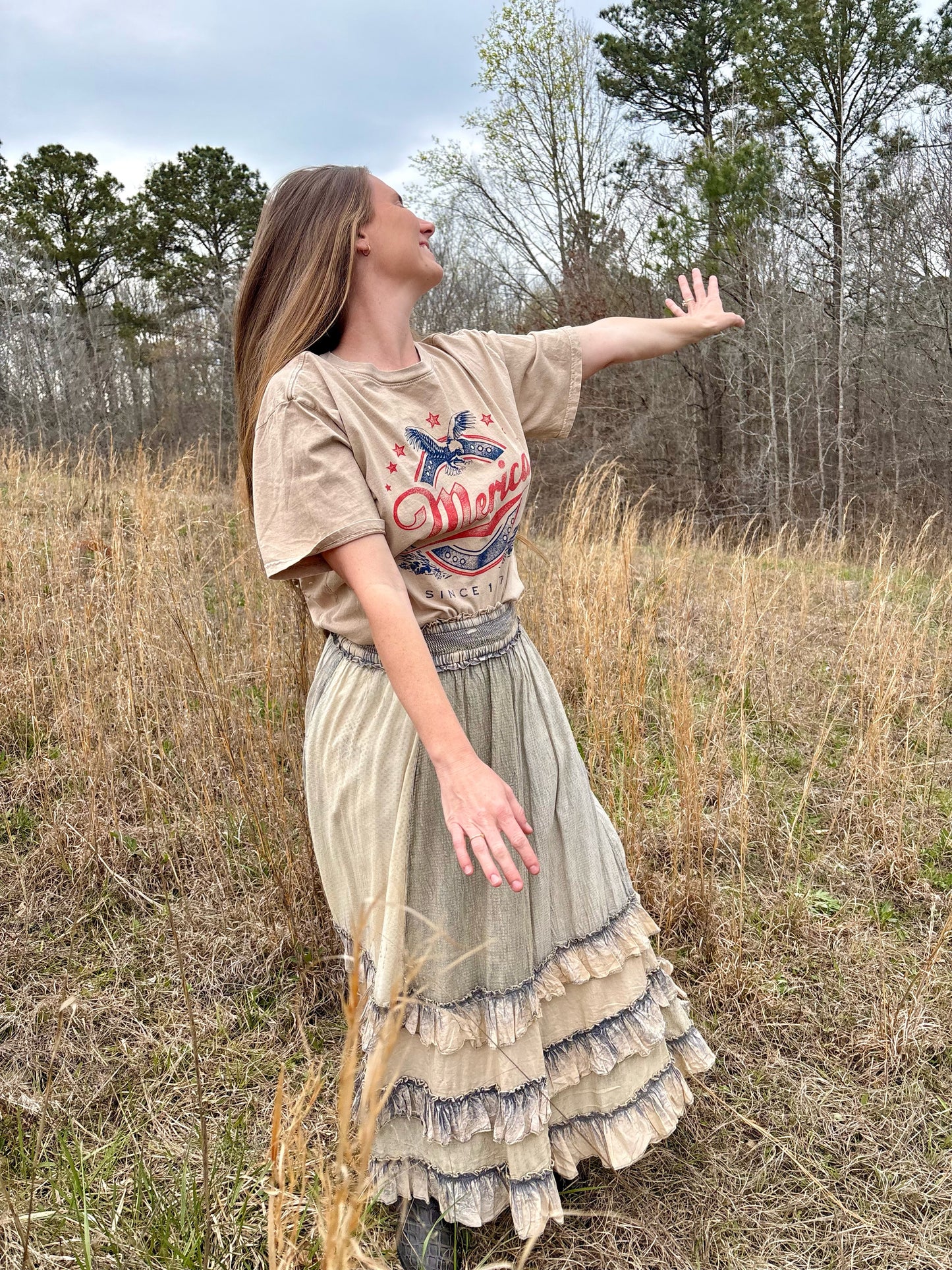 “Rustic Textured Smocked Waist Ruffled Tiered Maxi Skirt”