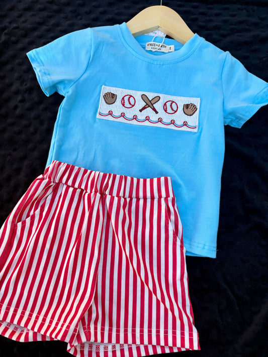 “Boys Baseball Embroidery T-Shirt & Shorts Set”