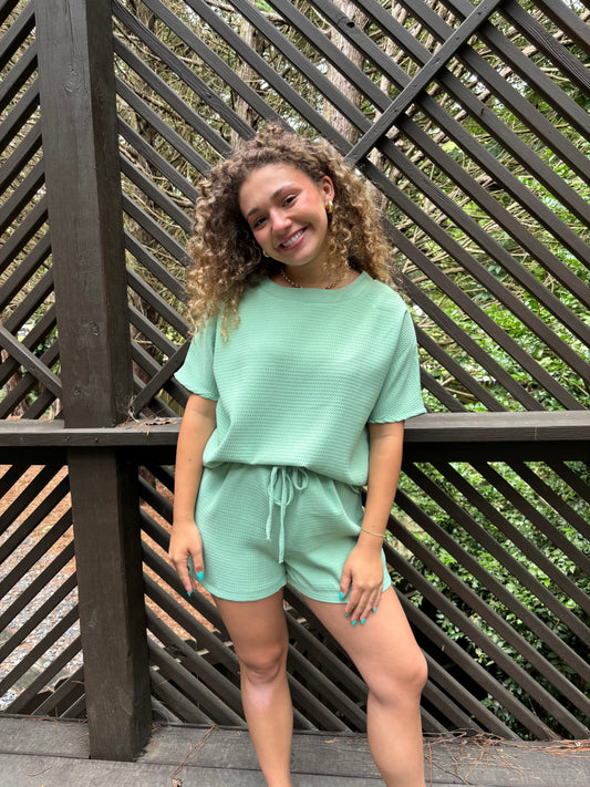 “Waffle Knit Shorts Set-Matcha”