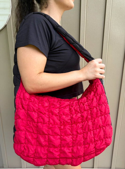 “Large Quilted Red & Black Puffer Bag”