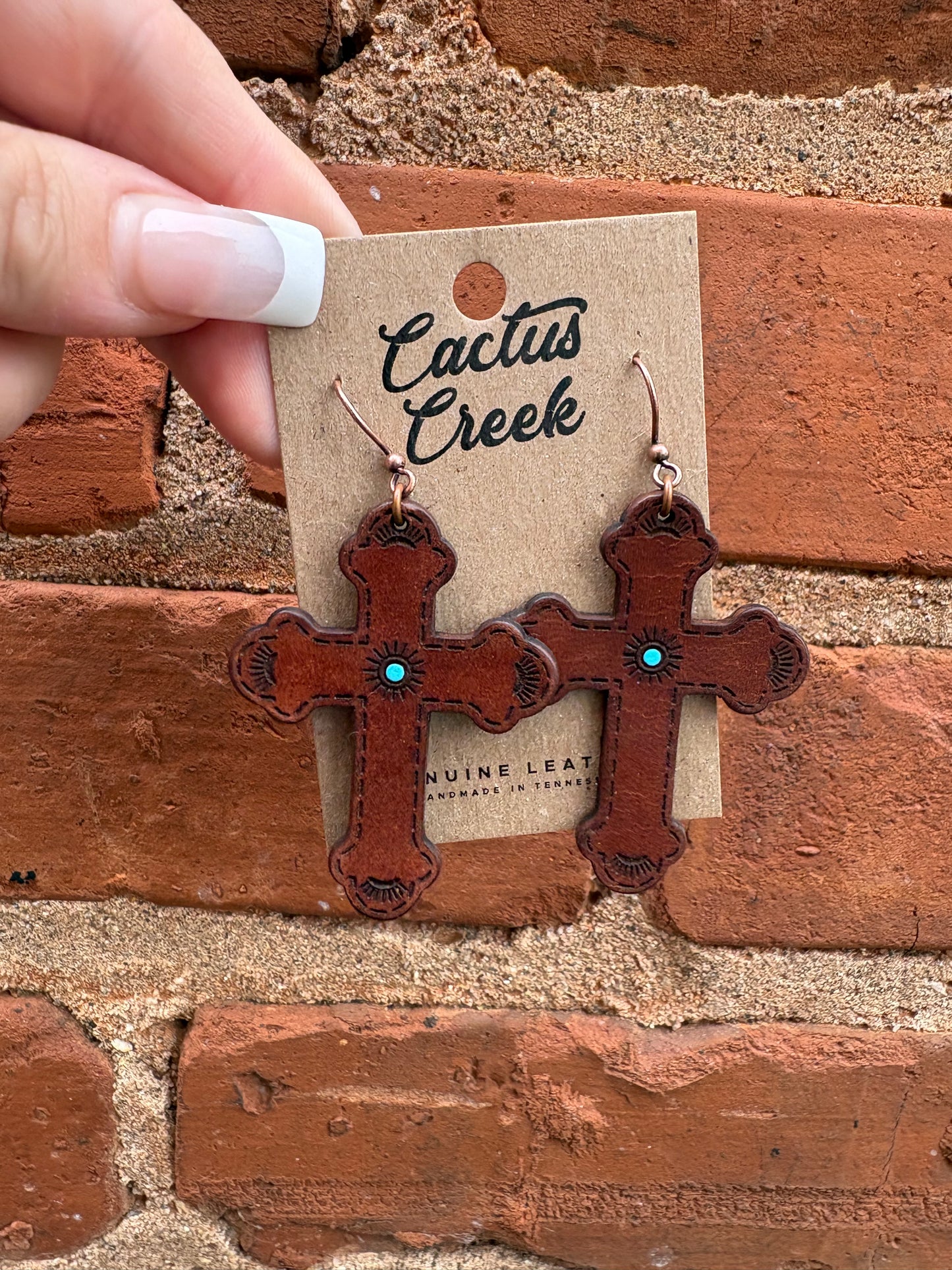 “Handmade Tooled Leather Cross & Heart Earrings”