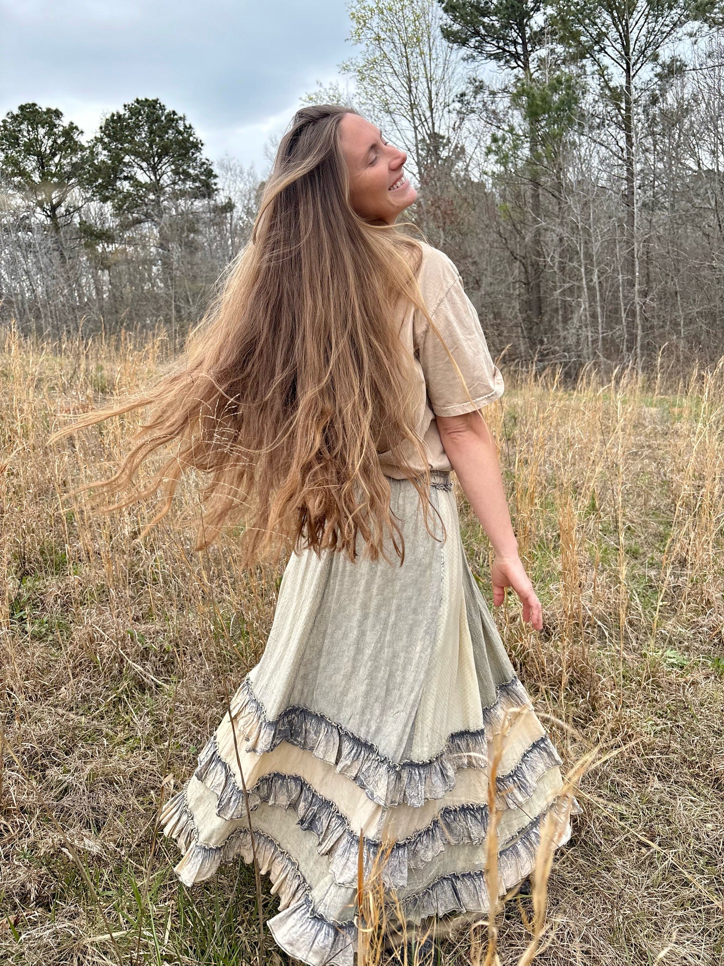 “Rustic Textured Smocked Waist Ruffled Tiered Maxi Skirt”