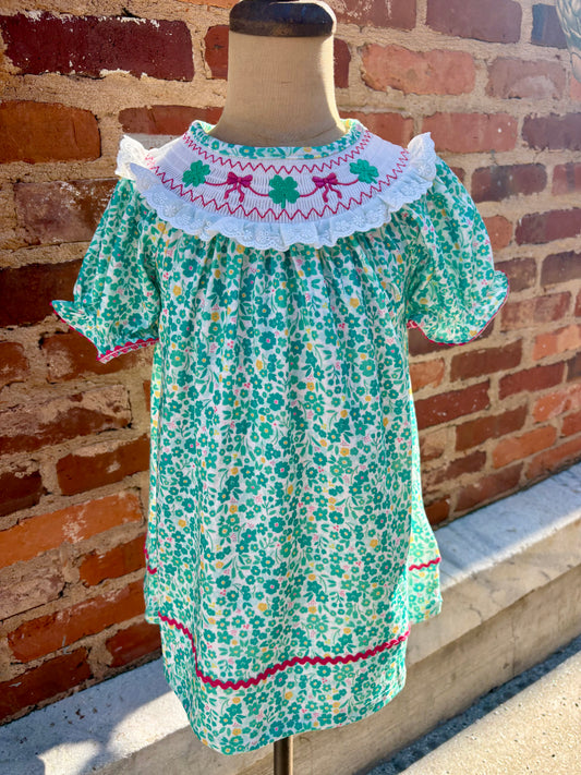 “St Patrick’s Day Shamrock Bow Smocked Dress”