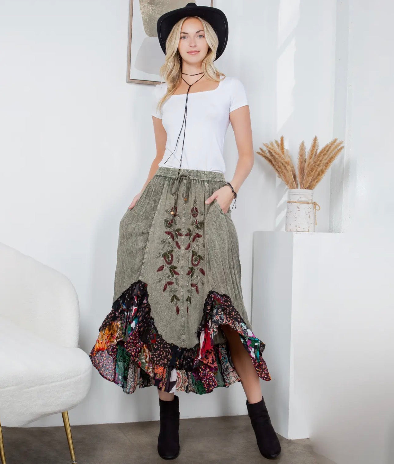 “Rustic Bohemian Embroidered Midi Skirt”