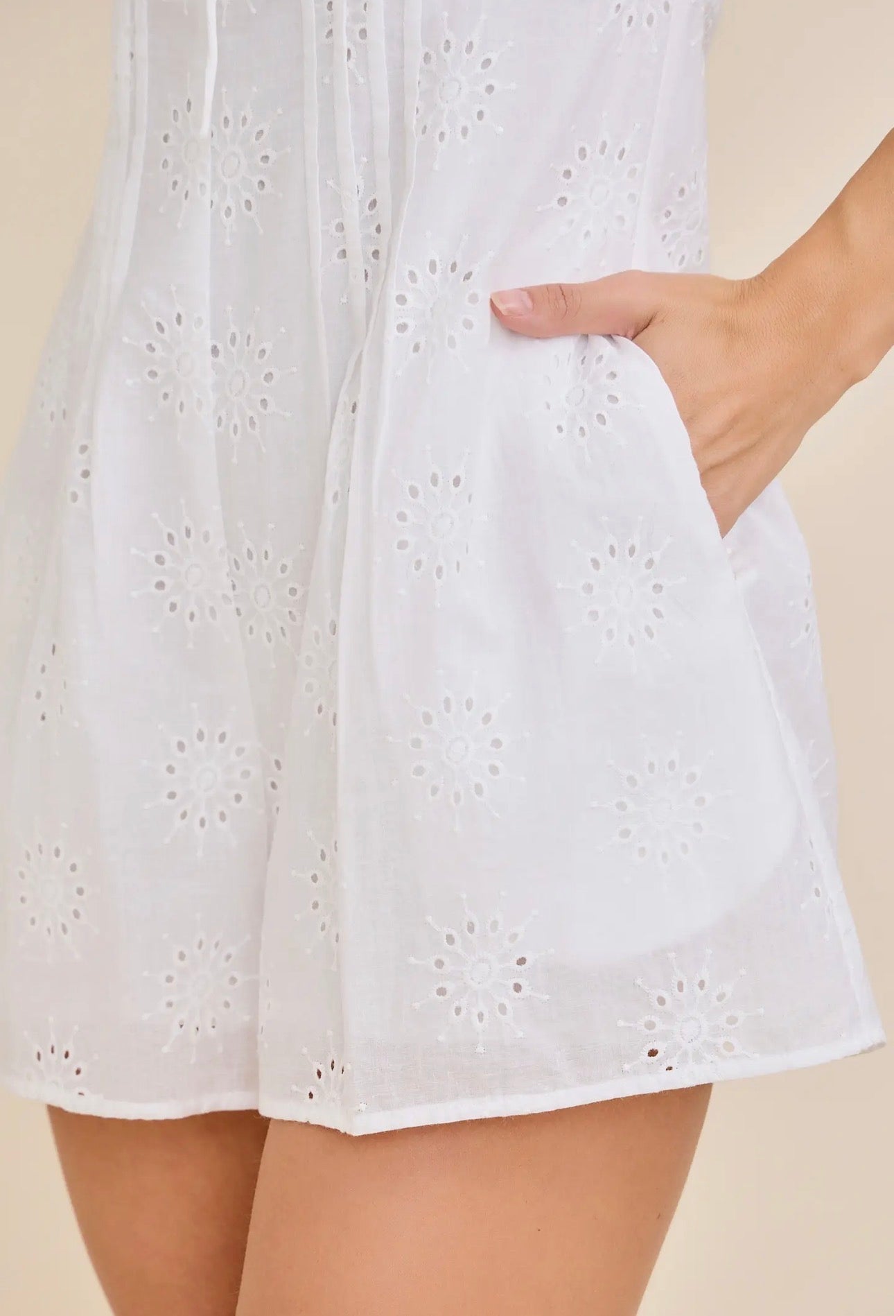 “Eyelet Embroidered Lace Up Romper”
