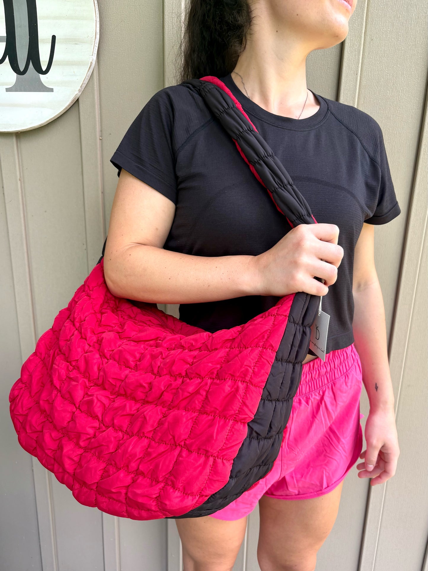 “Large Quilted Red & Black Puffer Bag”