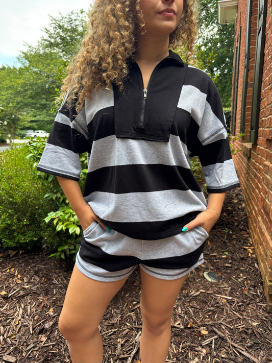 “Quarter Zip Black & Grey Shorts Set”