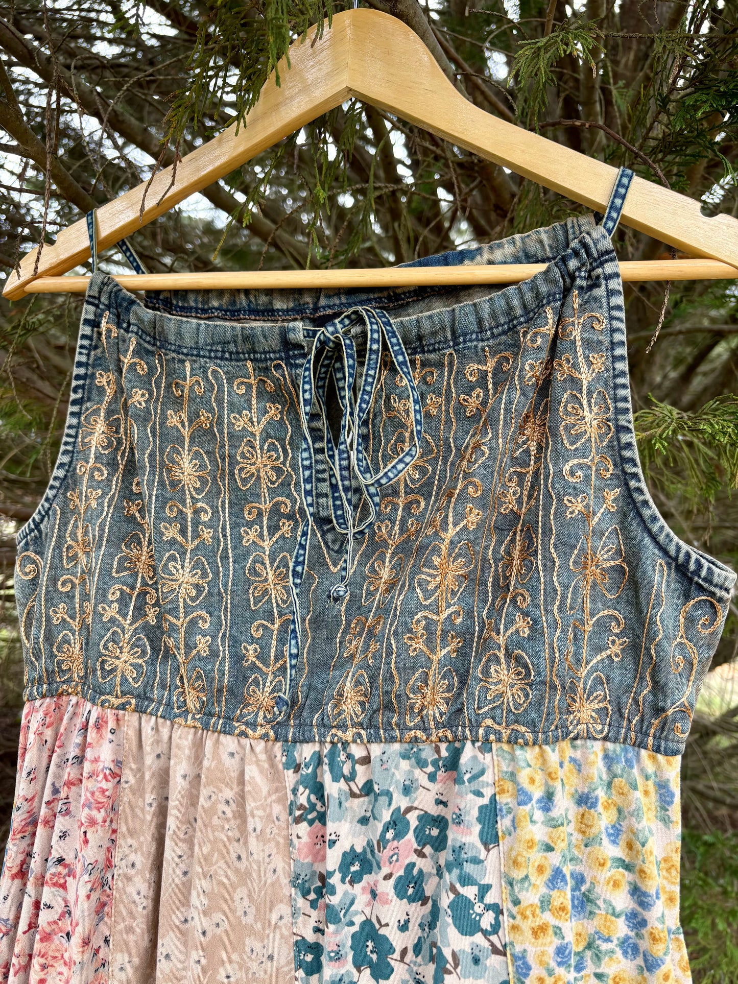 “Bohemian Patchwork Spaghetti Strap
Floral Tiered Maxi Dress”