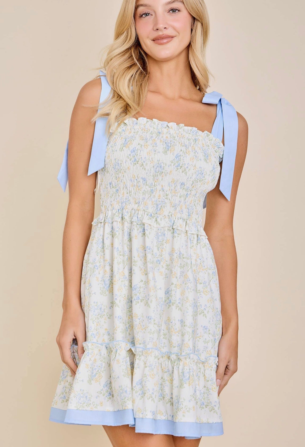 “Floral Ribbon Strap Sundress”