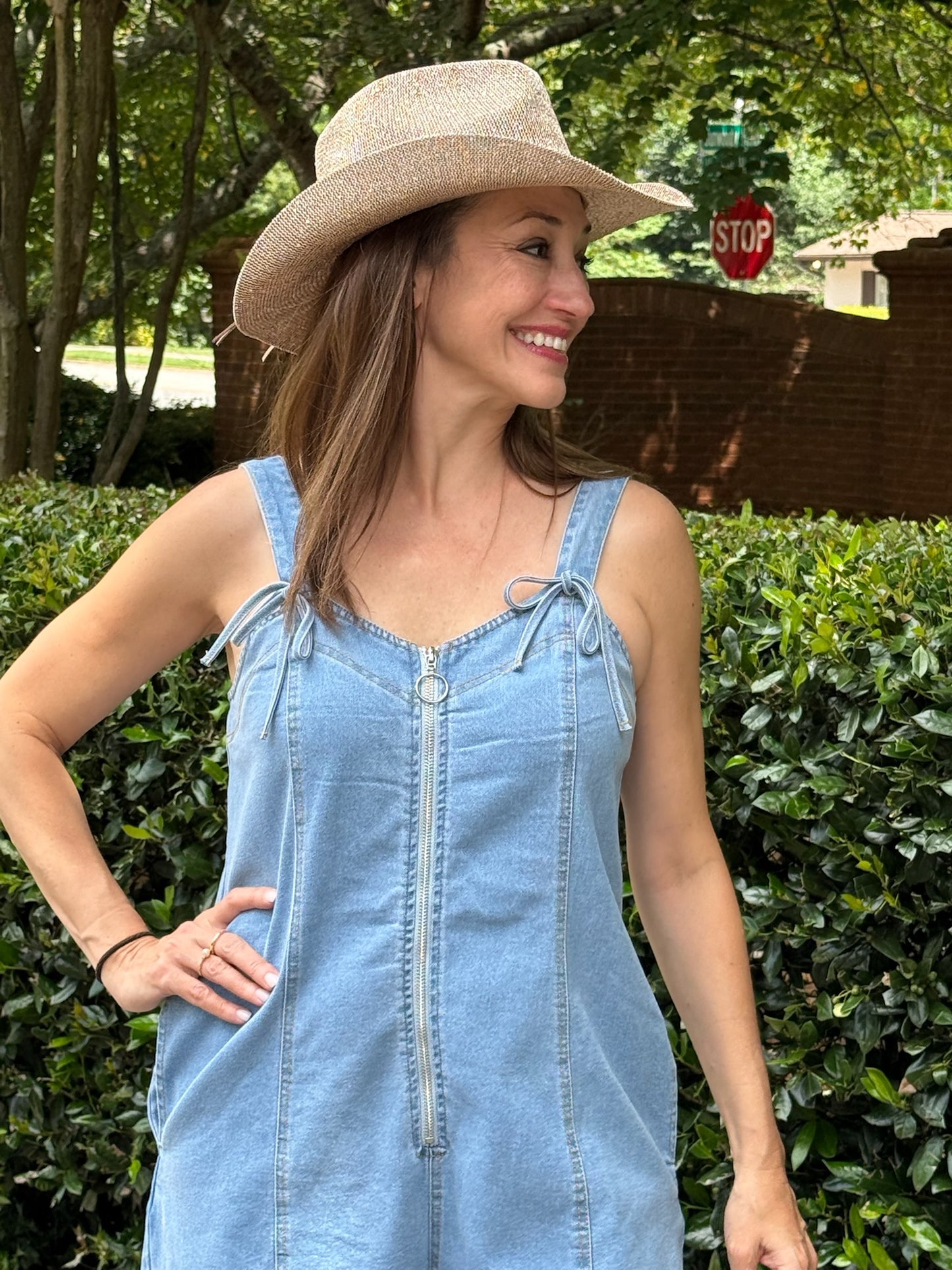 “Denim Zip Front Tie Strap Romper”