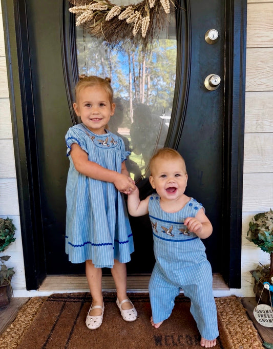 “Blue Pinstripe Mallard Smocked Boys Romper”