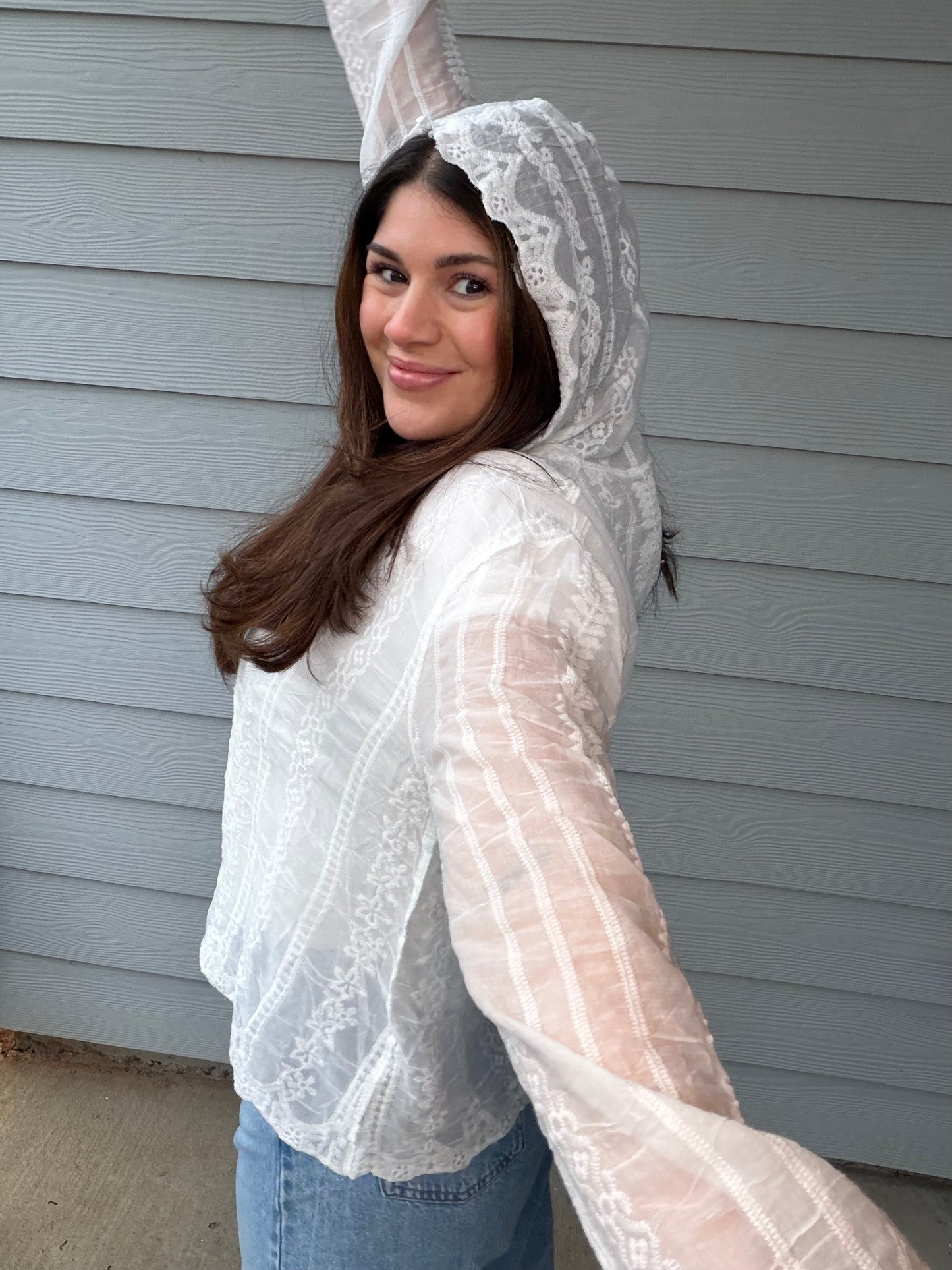 “Long Sleeve Crochet Hoodie Top”