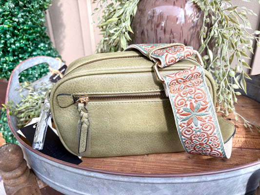 “Olive crossbody with adjustable guitar strap”