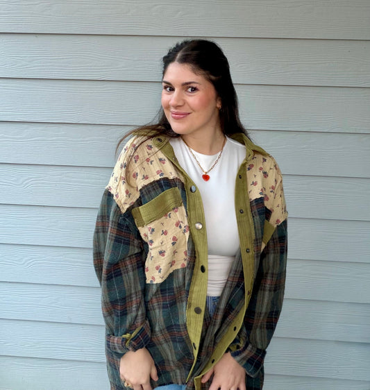 “Vintage Patchwork Plaid Oversized Shirt Jacket”