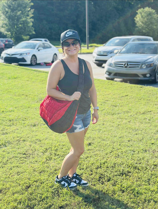 “Large Quilted Red & Black Puffer Bag”